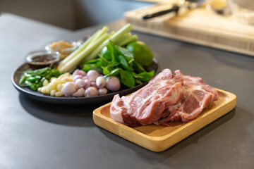 Close up to packshot of Raw Pork and herb ingredients, preparation for Cooking in Thai food menu.
