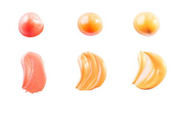 Bright pink gold, orange gold and yellow gold swatch of lip gloss, eyeshadows or paint..Three shiny swatches isolated on white background. - obrazy, fototapety, plakaty