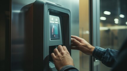 An individual places a hand or finger on a biometric scanner, granting secure access within an office