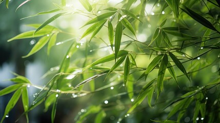 Tall bamboo stalks reach skyward, their vibrant green leaves illuminated by sun rays filtering through