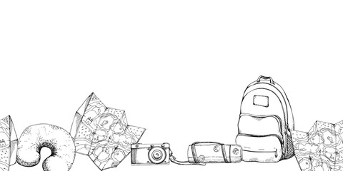 Ink hand drawn vector sketch. Seamless banner. Tourist accessories backpack, vacuum flask with stickers, travel pillow, navigation map. Design for tourism, brochure, wedding, guide, print card tattoo.