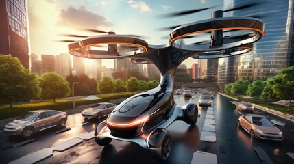 A futuristic concept of EVTOL (Electric Vertical Take-Off and Landing) aircraft is presented. - obrazy, fototapety, plakaty