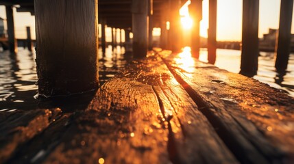 Golden rays of the setting sun pierce through the gaps of a rustic wooden pier