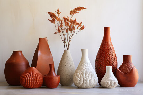 red earth ceramics. Beautiful vases for room design decor. dried flowers plants. Textured white, beige ceramic vases. finishing craftsmanship. African style