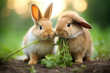 Fototapeta premium two rabbits sharing a carrot