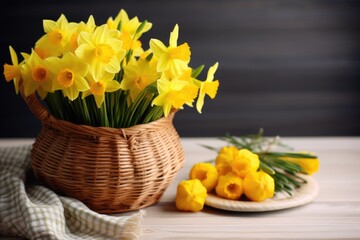 yellow daffodils arranged in a basket on a wooden table