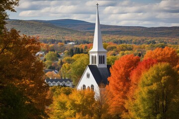 church with high steeple surrounded by autumn foliage - obrazy, fototapety, plakaty