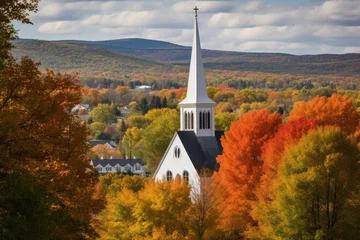 Foto op Canvas church with high steeple surrounded by autumn foliage © Alfazet Chronicles