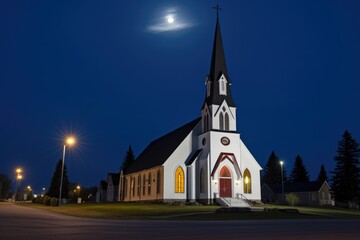 Fototapeta na wymiar church at night set against dark sky and full moon
