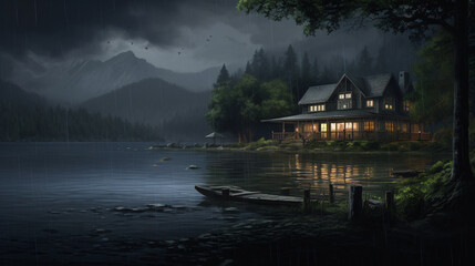 Fototapeta premium The lake house's scenery was gloomy, with a damp and overcast atmosphere.