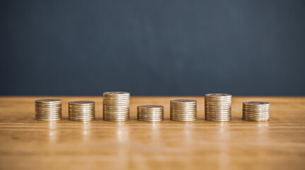 stack of golden money coin on wood desk and grey background. Business and financial concept. 