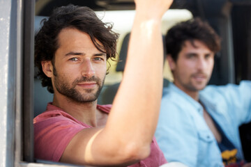 Friends, portrait and men in car on road trip with freedom, travel and desert adventure for summer vacation. Transport, holiday journey and happy people in van with nature, sunshine and countryside.
