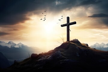 Symbol of faith. Silhouette cross at sunset. Holy resurrection. Easter sunrise. Catholic church sacred. Crucifix rays