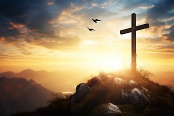Symbol of faith. Silhouette cross at sunset. Holy resurrection. Easter sunrise. Catholic church...