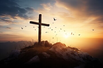 Symbol of faith. Silhouette cross at sunset. Holy resurrection. Easter sunrise. Catholic church sacred. Crucifix rays