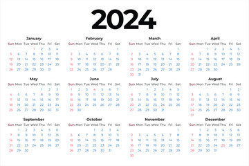 Calender of 2024 isolated on white background.