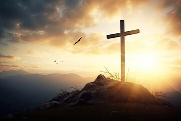 Symbol of faith. Silhouette cross at sunset. Holy resurrection. Easter sunrise. Catholic church sacred. Crucifix rays