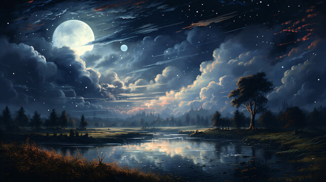 The night sky displays a glittering canvas of moon, clouds, and stars.
