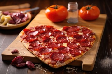 a pizza with heart-shaped pepperoni on a wooden countertop