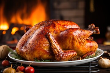 Roasted turkey on table for happy thanksgiving dinner 