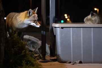 a fox and a raccoon near a garbage can at night - obrazy, fototapety, plakaty