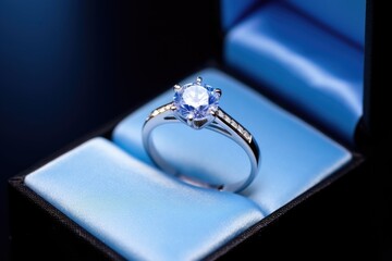 a close view of a diamond ring in a blue box