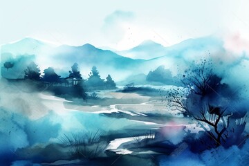 Artistic blue landscape illustration with watercolor feel. Generative AI