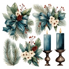 Watercolor Christmas Magic with Holly & Candles Isolated