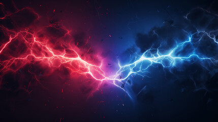 Opposition concept represented by a lightning bolt, with red and blue colors denoting a confrontation or struggle. - obrazy, fototapety, plakaty