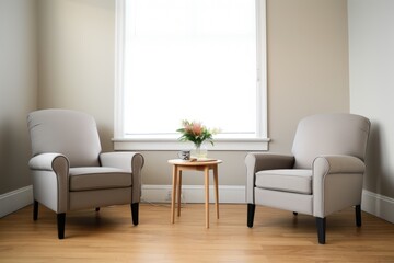 two empty chairs positioned towards each other in a comforting room