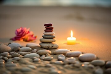glowing candle among zen stones on sand