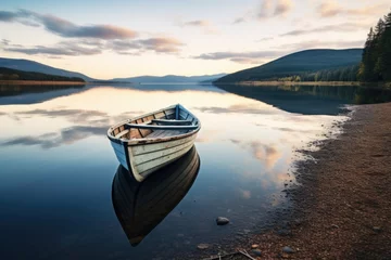 Fotobehang an empty boat drifting near a scenic lake shore © altitudevisual