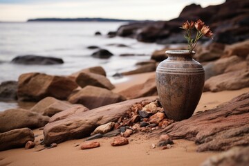 a cremation urn on a rocky beach