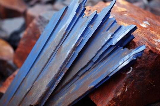 blue kyanite blades on a rust coloured rock
