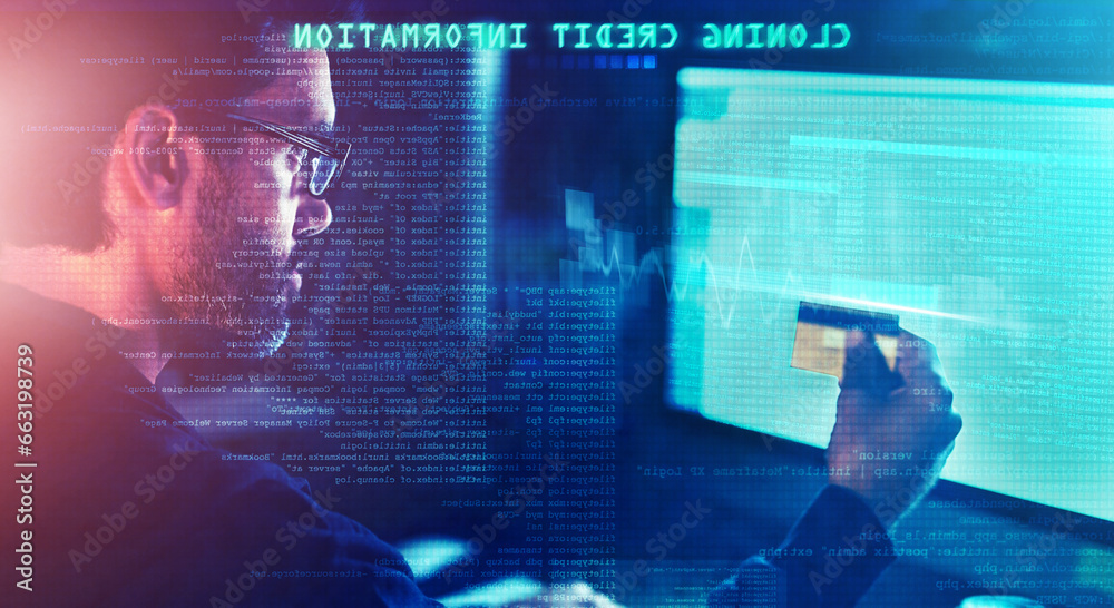 Fototapete hacker, credit card and overlay with man and computer for scam, cyber security and password theft. p