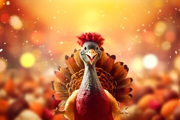 cute happy turkey character animated thanksgiving illustration background  - obrazy, fototapety, plakaty