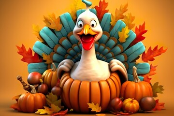 cute happy turkey character animated thanksgiving illustration background  - obrazy, fototapety, plakaty