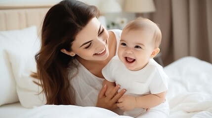 Mother holding laughing baby in home for love, care and quality time together to nurture childhood development. Happy mom, carrying and playing with infant girl kid for support, happiness and fun