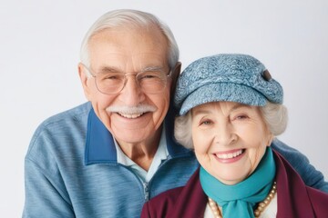 Portrait of posing happy senior couple on white background. Generative AI