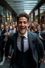 Successful happy businessman stands in the foreground with his enthusiastic team cheering and celebrating in the background, symbolizing collective success and achievement.
