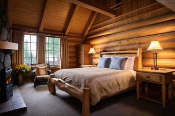 interior shot of a mountain lodge bedroom with rustic furniture