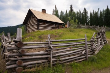 a small mountain lodge with a fence made of logs and twigs