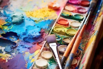 Obraz premium close-up shot of pastels and paintbrushes in an art box
