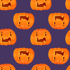 Halloween jumping jack-o-lantern seamless pattern on purple background.