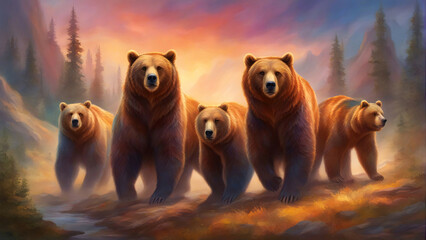 Bunch of brown bears in the forest.