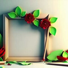 3D computer rendered image of art paper on stand with pencils green leaves and red roses on paper corner   frame used as moke up With realistic stylish background, 4k