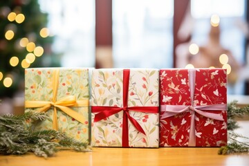 close up of gift boxes wrapped in holiday-themed paper