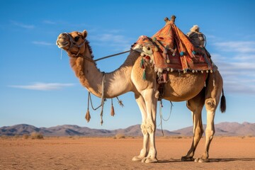 camel with saddle, standing against a desert backdrop