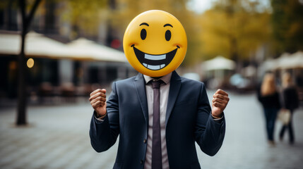 Hombre en traje con una máscara amarilla de una cara sonriente celebrando con energía.