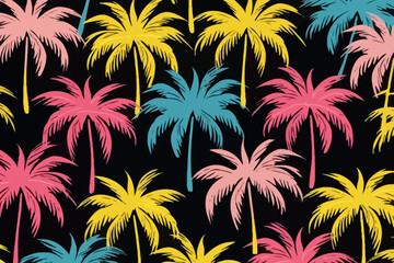 Fototapeta na wymiar Palm trees quirky doodle pattern, wallpaper, background, cartoon, vector, whimsical Illustration